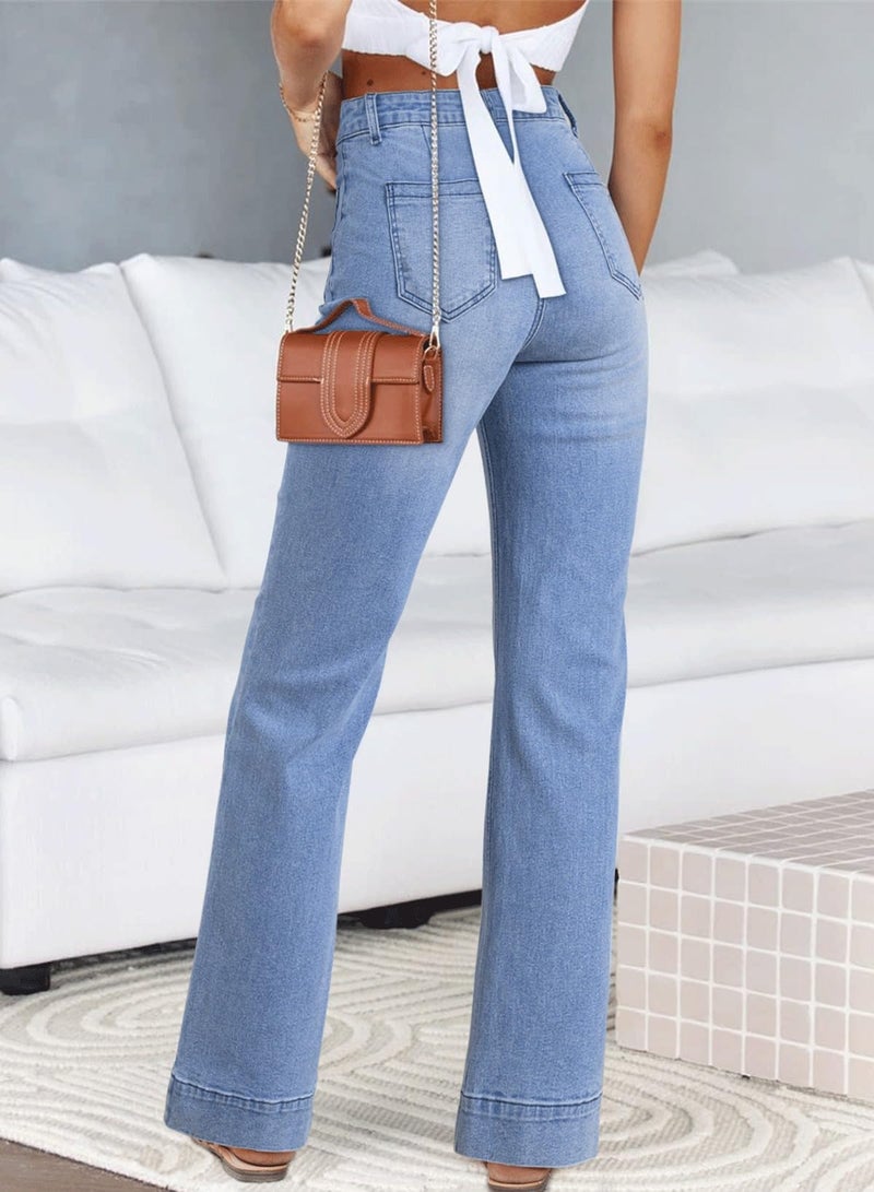 Astylish Wide Leg Jeans for Women High Waisted Straight Leg Stretchy Denim Pants with Pockets Jean Trousers with Patch Pockets Size 4 Beau Blue - Image 2