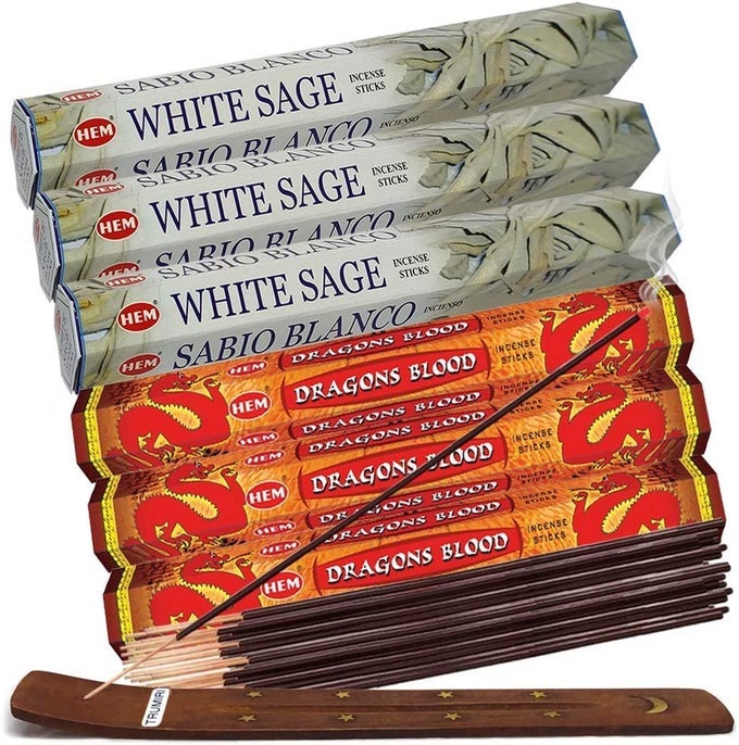 DRAGONS BLOOD INCENSE STICKS AND WHITE SAGE INCENSE STICKS WITH INCENSE HOLDER BUNDLE FOR HOME FRAGRANCE AND SMUDGING