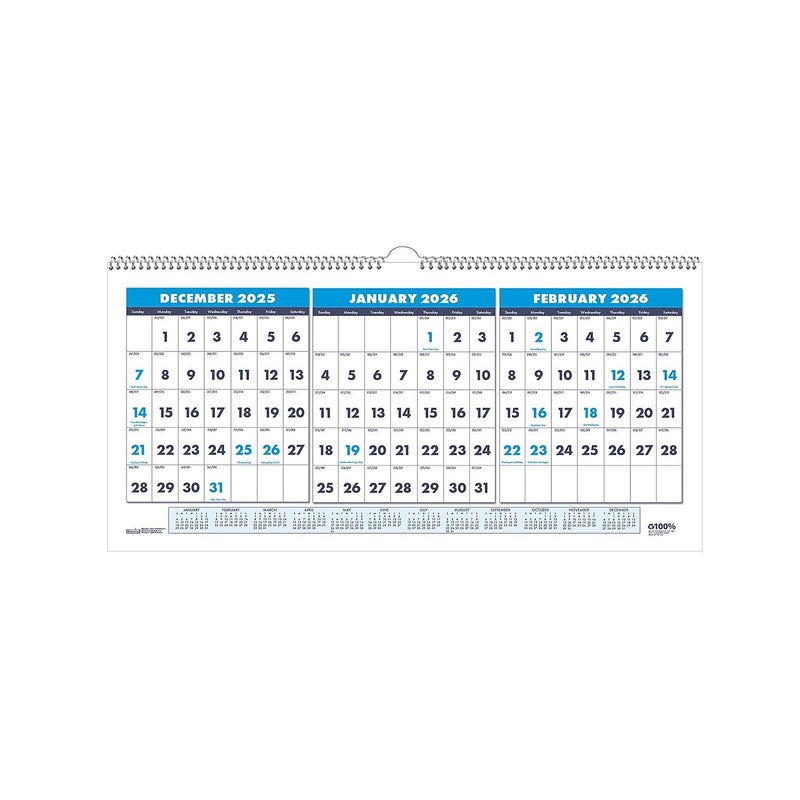 House of Doolittle 2026 Three-Month Wall Calendar 17" x 8", Blue (3647-26)