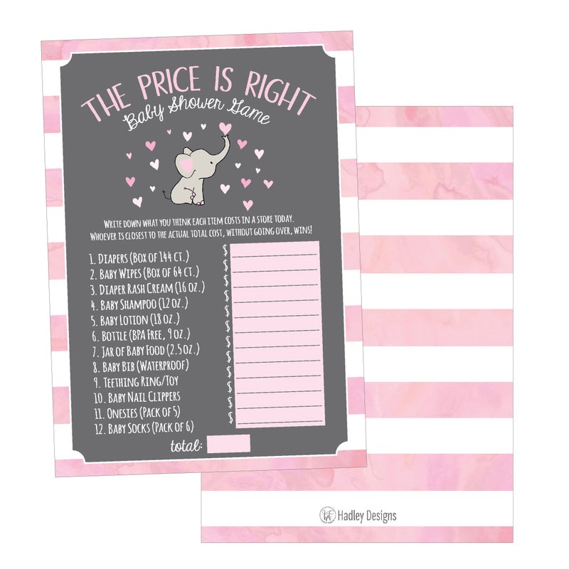 Hadley Designs 25 Pink Elephant Guess If The Price is Right Baby Shower Game Ideas for Boys Girls Fun Party Activities Card Gender Neutral Reveal Guessing Funny Questions Bundle Pack