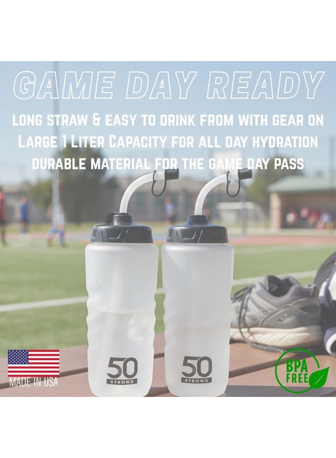 50 Strong 1 Liter Sports Water Bottle W/Straw - Easy Squeeze + Built In Finger Grip - BPA Free Plastic - Use W/Sport Helmet In Football & Hockey - Single & Multi-pack (2-Pack) - Image 2