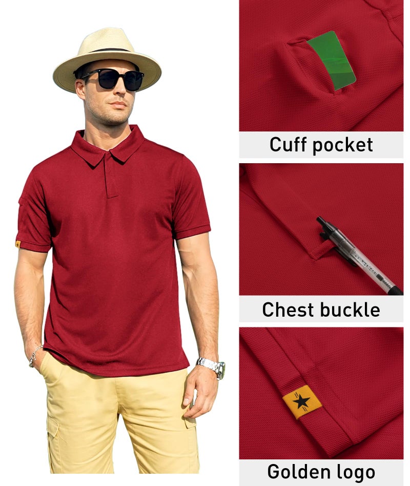ZITY Mens Polo Shirt Short Sleeve Sports Tactical T-Shirt Athletic Golf Polos Daily Casual Stylish Collared Shirts for Men Red Large - Image 2
