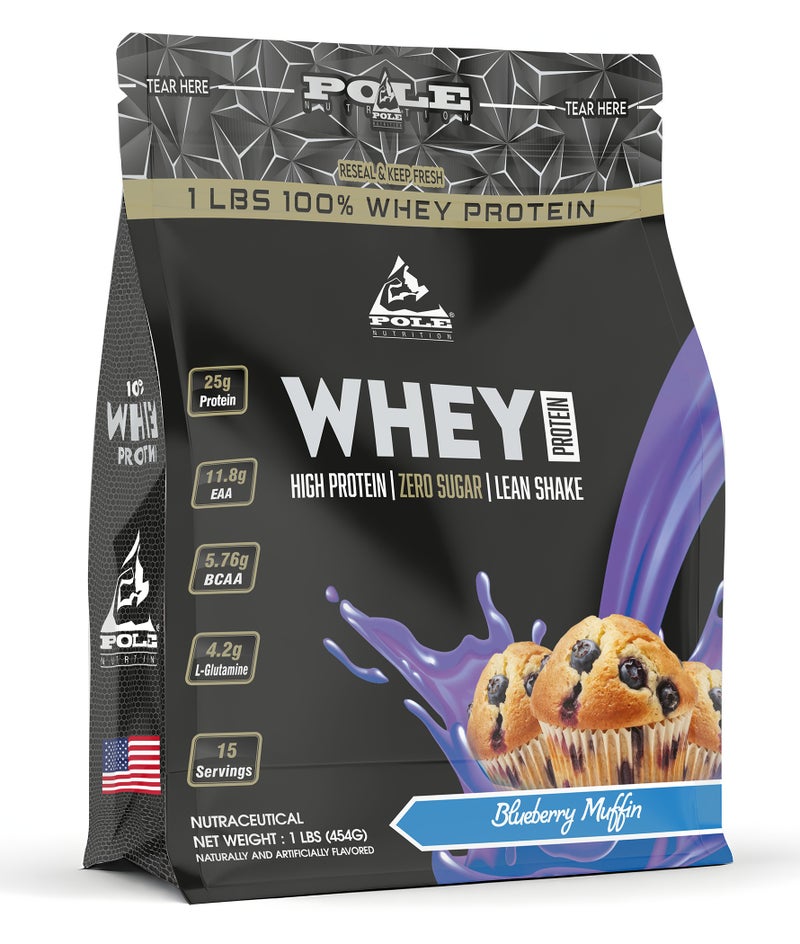 POLE NUTRITION بروتين مصل اللبن 100% 1 رطل (0.45 كجم) - مشروب بروتين عالي مع صفر سكر (مافن التوت الأزرق) - Image 1