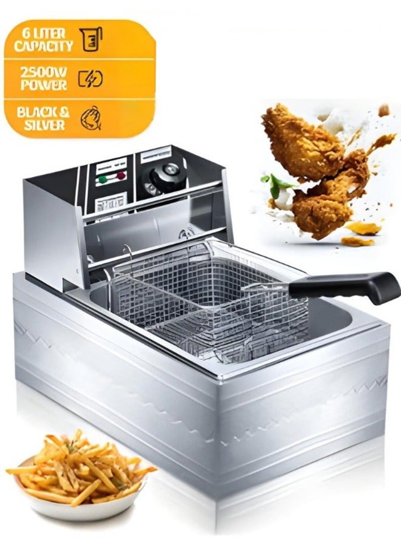 WALALLA Stainless Steel 6L Deep Oil Fryer with Basket Strainer Jumbo Size Adjustable Temperature & Timer, Perfect Chicken, Shrimp, French Fries, Chips & More, Removable Oil Container - Image 1