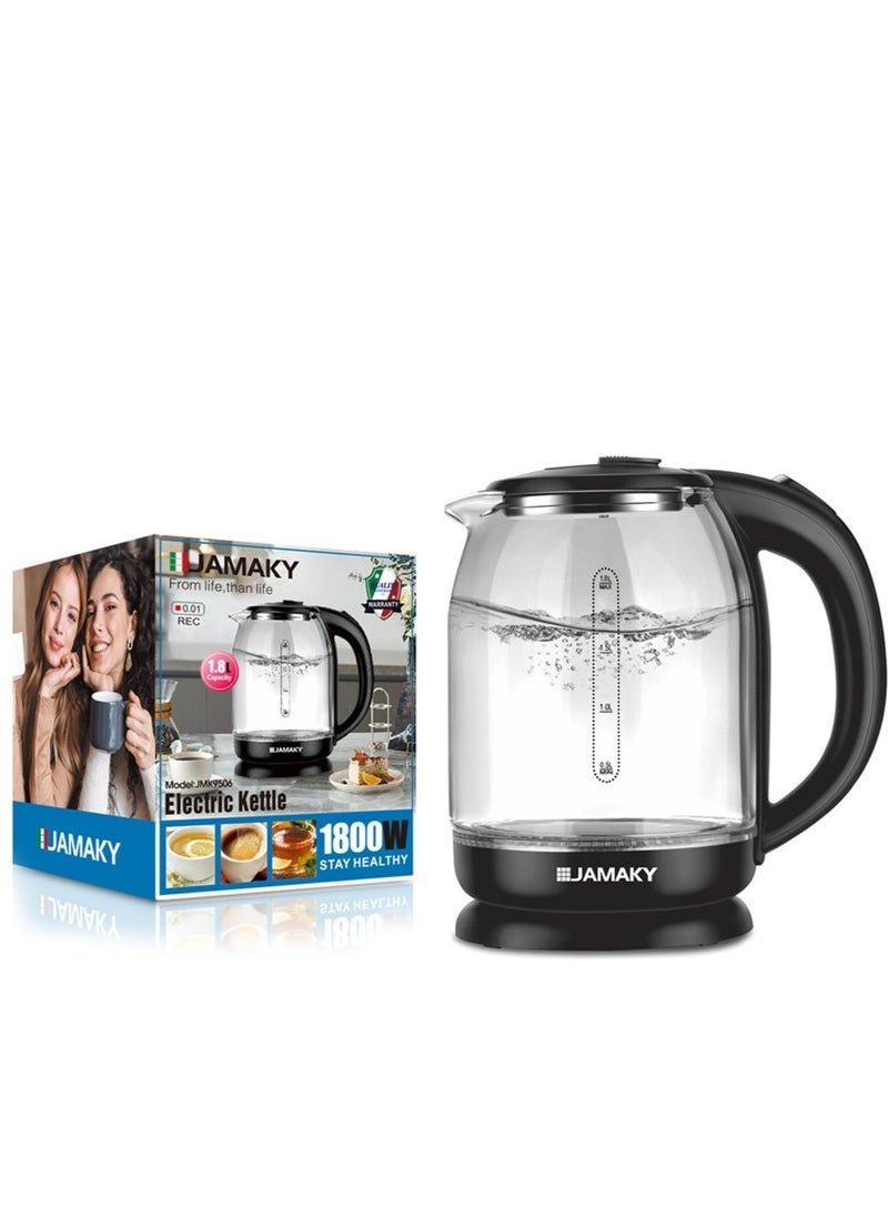 Electric kettle with Italian technology , JMK9506 is used at home and in the office, with an elegant design that adds a touch of beauty. The kettle features fast heating with a power of 1800 watts and a large capacity (1.8 liters). Automatic shut-off when boiling and degree rotating base , High borosilicate glass  , and blue LED light inside