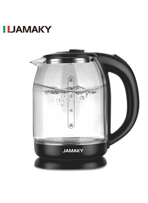 Electric kettle with Italian technology , JMK9506 is used at home and in the office, with an elegant design that adds a touch of beauty. The kettle features fast heating with a power of 1800 watts and a large capacity (1.8 liters). Automatic shut-off when boiling and degree rotating base , High borosilicate glass  , and blue LED light inside