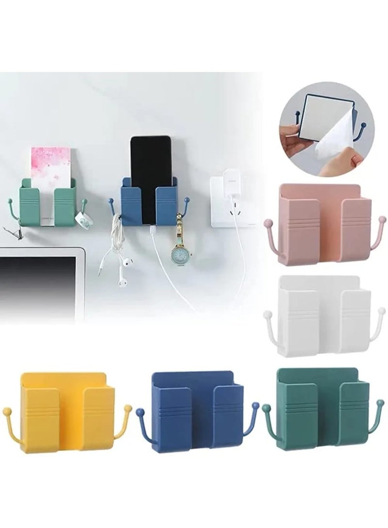 حامل شحن هاتف محمول وحامل منظم جداري – رف تخزين لاصق مع خطاطيف جانبية للتحكم عن بعد، المفاتيح والكابلات – بدون حفر