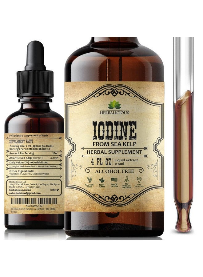 HERBALICIOUS قطرات اليود - سائل يود طبيعي من الطحالب البحرية - مكمل للغدة الدرقية للطاقة والهضم ودعم المناعة - تركيبة عضوية غير معدلة وراثيًا - 4 أونصة سائلة - Image 1