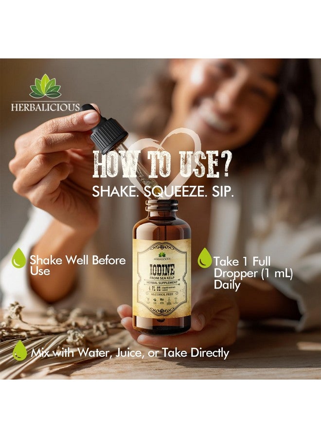 HERBALICIOUS قطرات اليود - سائل يود طبيعي من الطحالب البحرية - مكمل للغدة الدرقية للطاقة والهضم ودعم المناعة - تركيبة عضوية غير معدلة وراثيًا - 4 أونصة سائلة - Image 4