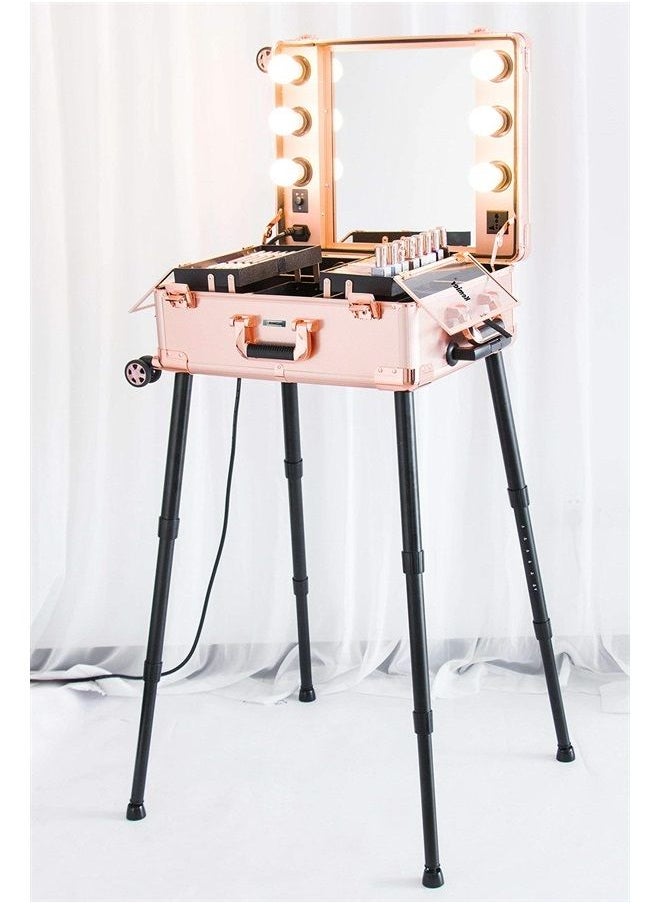 Kemier Makeup Case,Professional Artist Studio Cosmetic Train Table w/4 Rolling Wheels & Lights & Mirror,Pro Makeup Station,Cover Board and Easy Clean Extendable Trays,Adjustable Legs,Sturdy(Rose Gold)  - Image 1