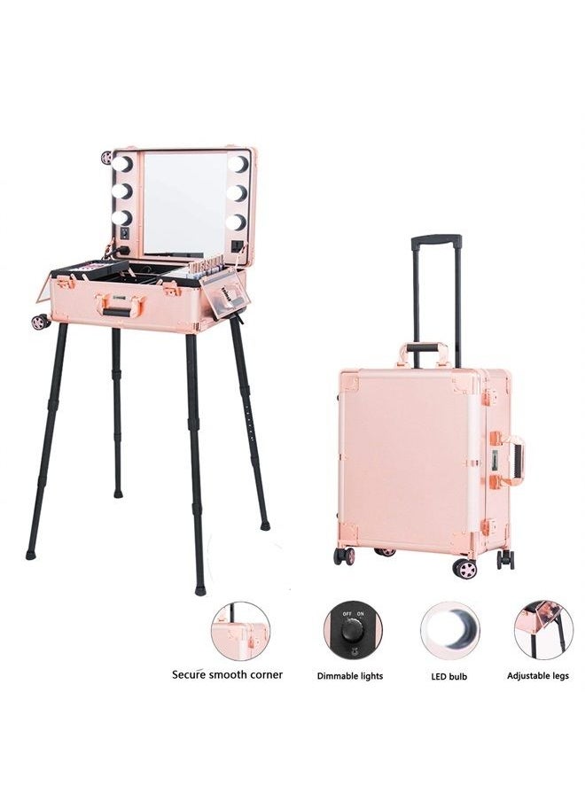 Kemier Makeup Case,Professional Artist Studio Cosmetic Train Table w/4 Rolling Wheels & Lights & Mirror,Pro Makeup Station,Cover Board and Easy Clean Extendable Trays,Adjustable Legs,Sturdy(Rose Gold)  - Image 5
