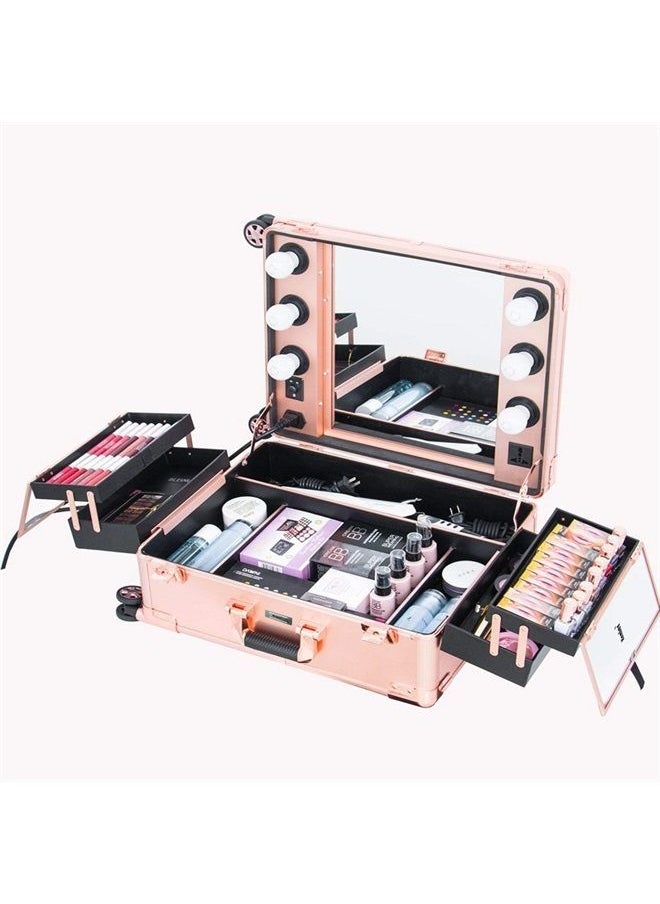 Kemier Makeup Case,Professional Artist Studio Cosmetic Train Table w/4 Rolling Wheels & Lights & Mirror,Pro Makeup Station,Cover Board and Easy Clean Extendable Trays,Adjustable Legs,Sturdy(Rose Gold)  - Image 2