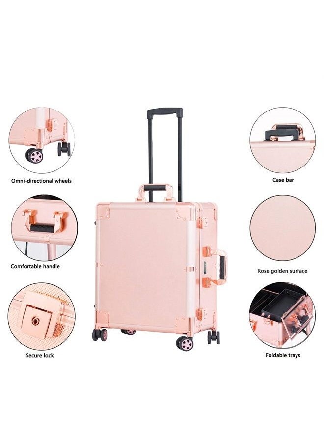Kemier Makeup Case,Professional Artist Studio Cosmetic Train Table w/4 Rolling Wheels & Lights & Mirror,Pro Makeup Station,Cover Board and Easy Clean Extendable Trays,Adjustable Legs,Sturdy(Rose Gold)  - Image 4