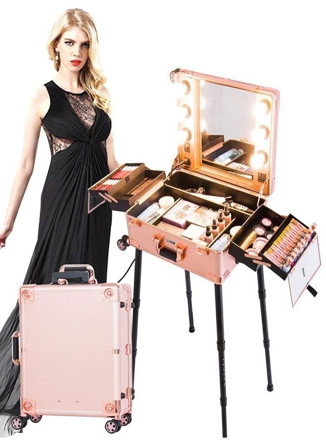 Kemier Makeup Case,Professional Artist Studio Cosmetic Train Table w/4 Rolling Wheels & Lights & Mirror,Pro Makeup Station,Cover Board and Easy Clean Extendable Trays,Adjustable Legs,Sturdy(Rose Gold)  - Image 3
