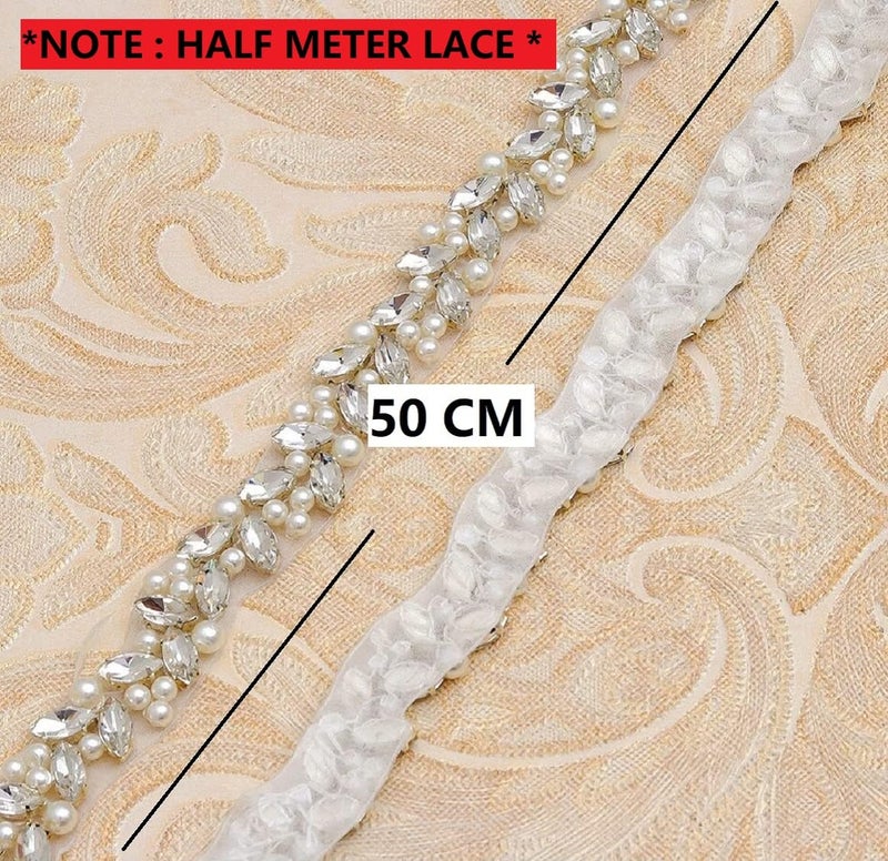 Dream Billions Pearl Look Ivory Beaded Trim with Marquee Rhinestones Hand Embroidered lace Sewing Applique Patches (1pc) Trims and Laces 50cm - Image 2