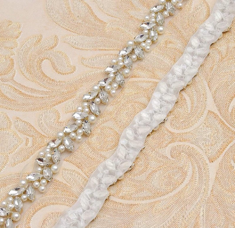 Dream Billions Pearl Look Ivory Beaded Trim with Marquee Rhinestones Hand Embroidered lace Sewing Applique Patches (1pc) Trims and Laces 50cm - Image 4
