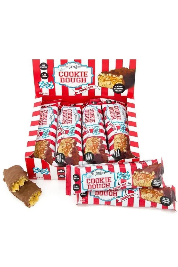 آدونیس بار بروتين الفول السوداني بالشوكولاتة والكراميل المملح - 55 جرام، قليل السكر، غني بالبروتين، خالٍ من الغلوتين، مناسب لحمية الكيتو، مع قطع شوكولاتة حقيقية، عبوة من 12 قطعة - Image 1