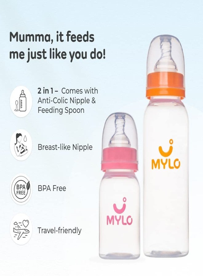 Mylo Baby Feeding Bottle (125ml + 250ml) for New Born Baby | Anti Colic & BPA Free Feeding Bottles | Feels Natural Baby Bottle | Easy Flow Neck Design- Pink + Zesty Orange - Image 2