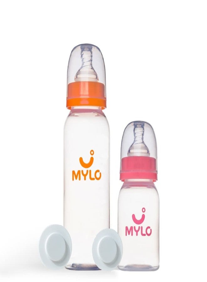 Mylo Baby Feeding Bottle (125ml + 250ml) for New Born Baby | Anti Colic & BPA Free Feeding Bottles | Feels Natural Baby Bottle | Easy Flow Neck Design- Pink + Zesty Orange - Image 1