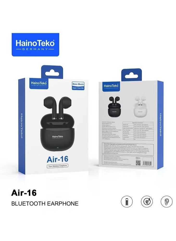 Haino Teko - Wireless AIR-16 In-Ear Bluetooth Earphones – High-Quality Sound, Comfortable Fit, Long Battery Life, Compatible with iOS and Android, with Free Cover & Hook – Sleek Black Design - Image 1