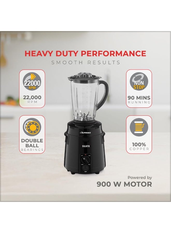 Sujata Supermix Mixer Grinder | 900 Watts Double Ball Bearing Motor | 22000 RPM | Non-Stop 90 Mins Running | 3 Jars including 1750ml Blender, 1000ml Grinder, 500ml Chutney Jar | Black - Image 2