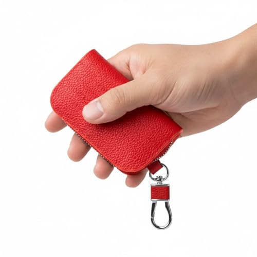 KMH Premium Leather Car Key Wallet Bag | Wallet for Key Pouch Cover Shell Case Holder, Key Zipper Fob Protector | Smart Remote Keychain Holder with Metal Hook Keyring Zipper Bag (Red) - Image 5