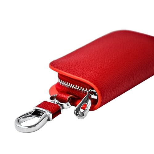 KMH Premium Leather Car Key Wallet Bag | Wallet for Key Pouch Cover Shell Case Holder, Key Zipper Fob Protector | Smart Remote Keychain Holder with Metal Hook Keyring Zipper Bag (Red) - Image 4