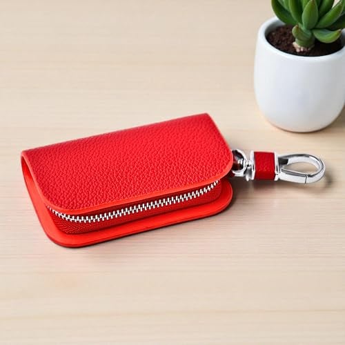 KMH Premium Leather Car Key Wallet Bag | Wallet for Key Pouch Cover Shell Case Holder, Key Zipper Fob Protector | Smart Remote Keychain Holder with Metal Hook Keyring Zipper Bag (Red) - Image 1