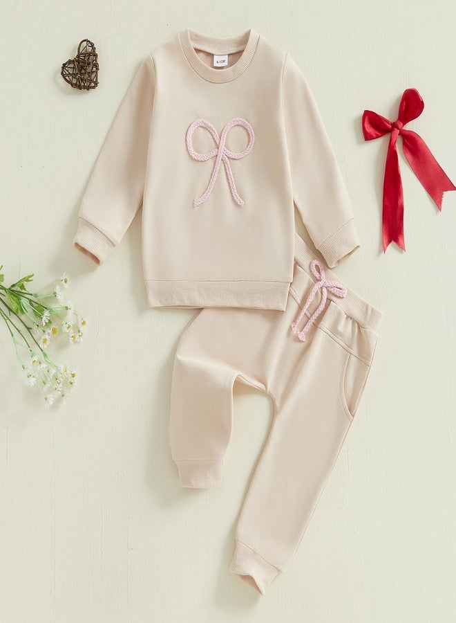 Lukivech Toddler Baby Girl Clothes Bow Emboridery Crewneck Long Sleeve Sweatshirt and Pants Set 2Pcs Fall Winter Outfit (Apricot, 3-4T) - Image 2