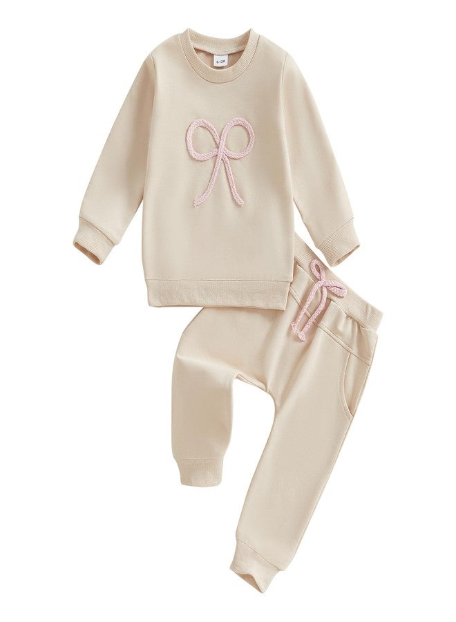 Lukivech Toddler Baby Girl Clothes Bow Emboridery Crewneck Long Sleeve Sweatshirt and Pants Set 2Pcs Fall Winter Outfit (Apricot, 3-4T) - Image 1