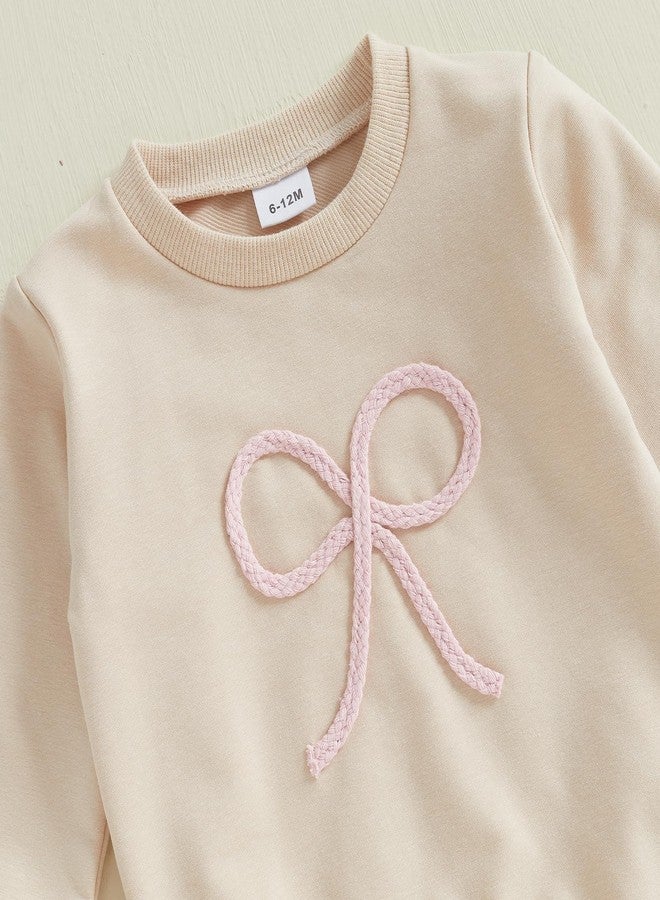 Lukivech Toddler Baby Girl Clothes Bow Emboridery Crewneck Long Sleeve Sweatshirt and Pants Set 2Pcs Fall Winter Outfit (Apricot, 3-4T) - Image 4