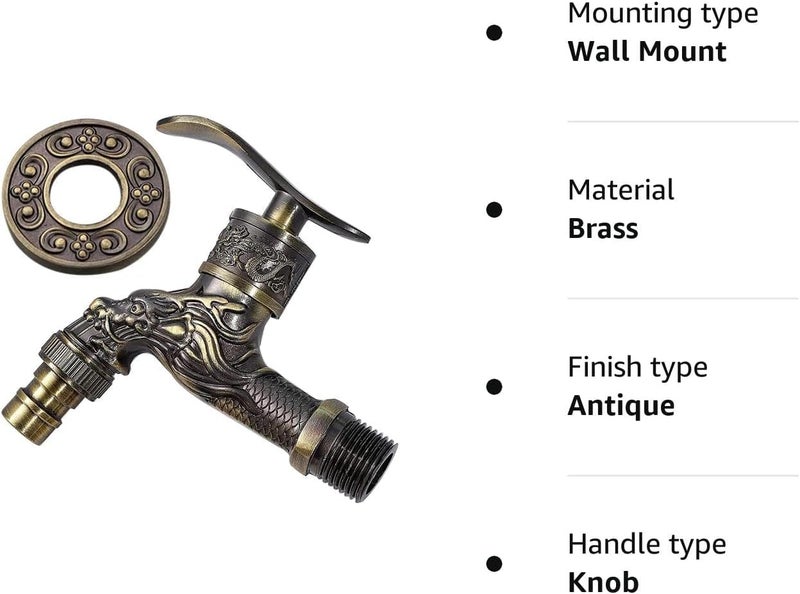 MAKINGTEC Wall Mount Faucet, Vintage Brass Outdoor Tap, Antique Garden Tap Kit, Zinc Alloy Basin Tap Faucet for Home, Kitchen, Bathroom, Outdoor, Garden (1/2") - Image 4