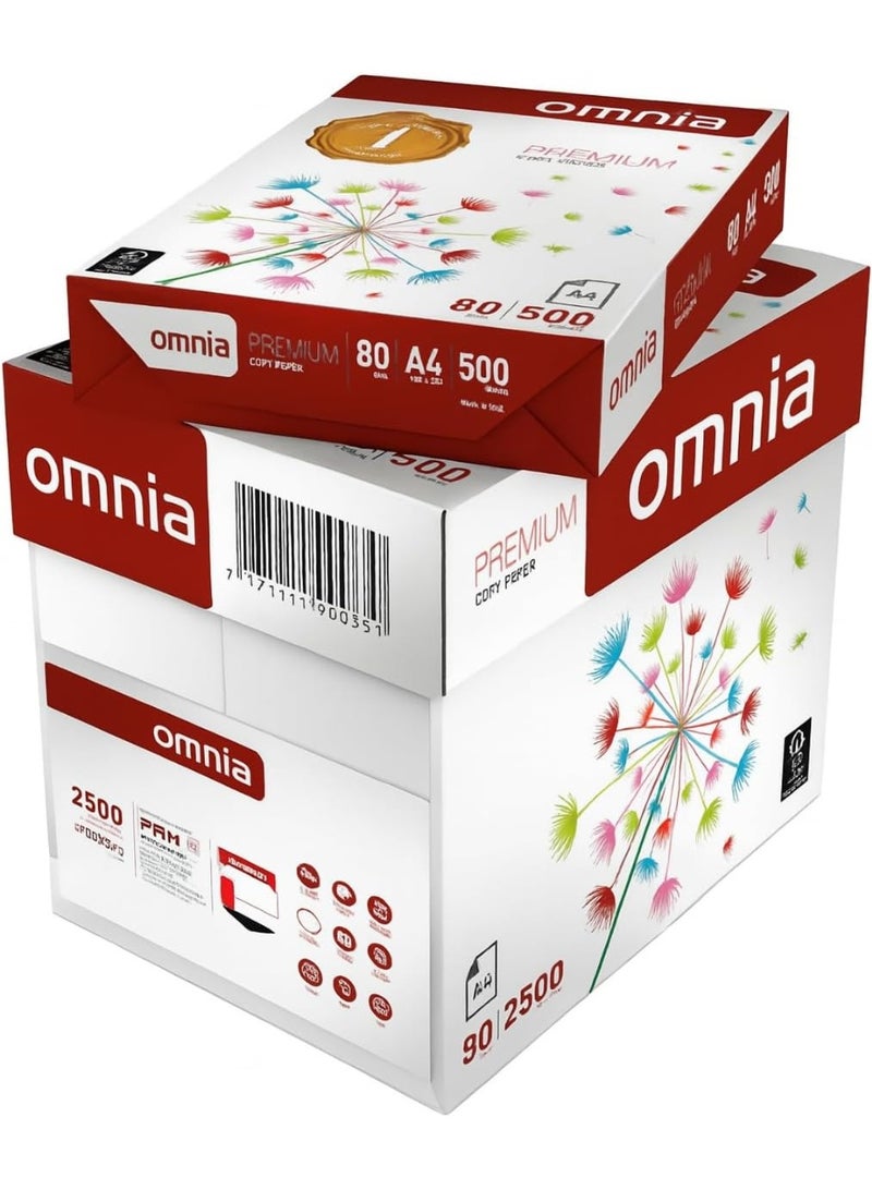 ورق تصوير Omnia A4 80 جم - كرتونة 5 رزم × 500 ورقة (2500 ورقة) - ورق طباعة أبيض للطابعات وآلات التصوير