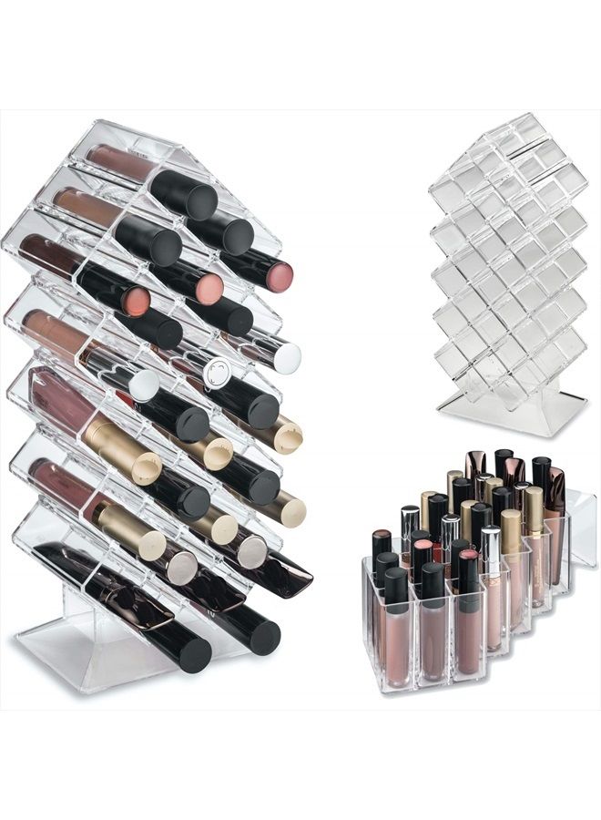 BY ALEGORY byAlegory Acrylic Lip Gloss Makeup Tower Stand Organizer | 28 Space Cosmetic Storage Designed To Stand, Lay Flat & Stack (CLEAR) - Image 1