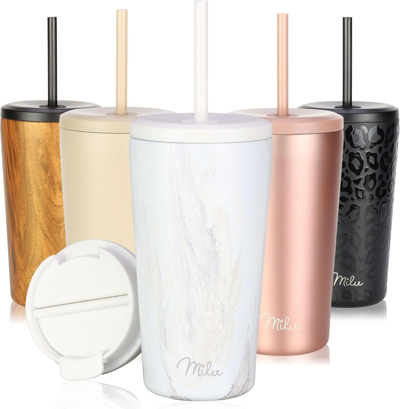 Milu Thermal Mug 300 ml, 400 ml, 500 ml - 100% Leak-Proof - Stainless Steel Coffee Mug to Go Insulated with Straw Keeps Hot for 10 Hours / 20 Hours Cold, BPA-Free (Pink-Marble, 500 ml) - Image 1
