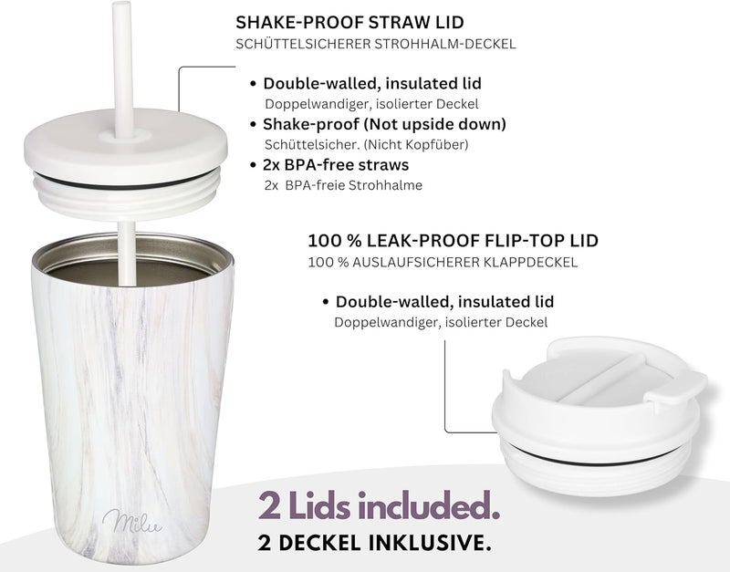 Milu Thermal Mug 300 ml, 400 ml, 500 ml - 100% Leak-Proof - Stainless Steel Coffee Mug to Go Insulated with Straw Keeps Hot for 10 Hours / 20 Hours Cold, BPA-Free (Pink-Marble, 500 ml) - Image 2