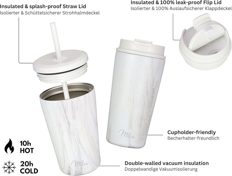 Milu Thermal Mug 300 ml, 400 ml, 500 ml - 100% Leak-Proof - Stainless Steel Coffee Mug to Go Insulated with Straw Keeps Hot for 10 Hours / 20 Hours Cold, BPA-Free (Pink-Marble, 500 ml) - Image 4