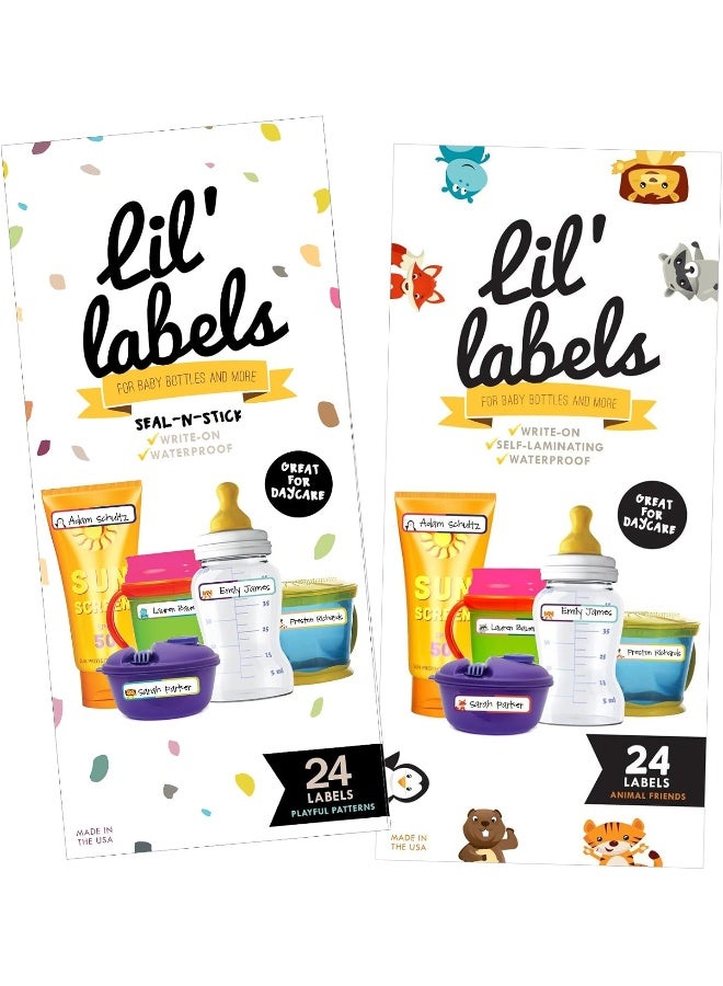 Lil' Labels Bottle Labels, Write-On, Self-Laminating, Waterproof Kids Name Labels for Baby Bottles, Sippy Cup for Daycare School, Dishwasher Safe (Variety Pack, Set of 2) - Image 1
