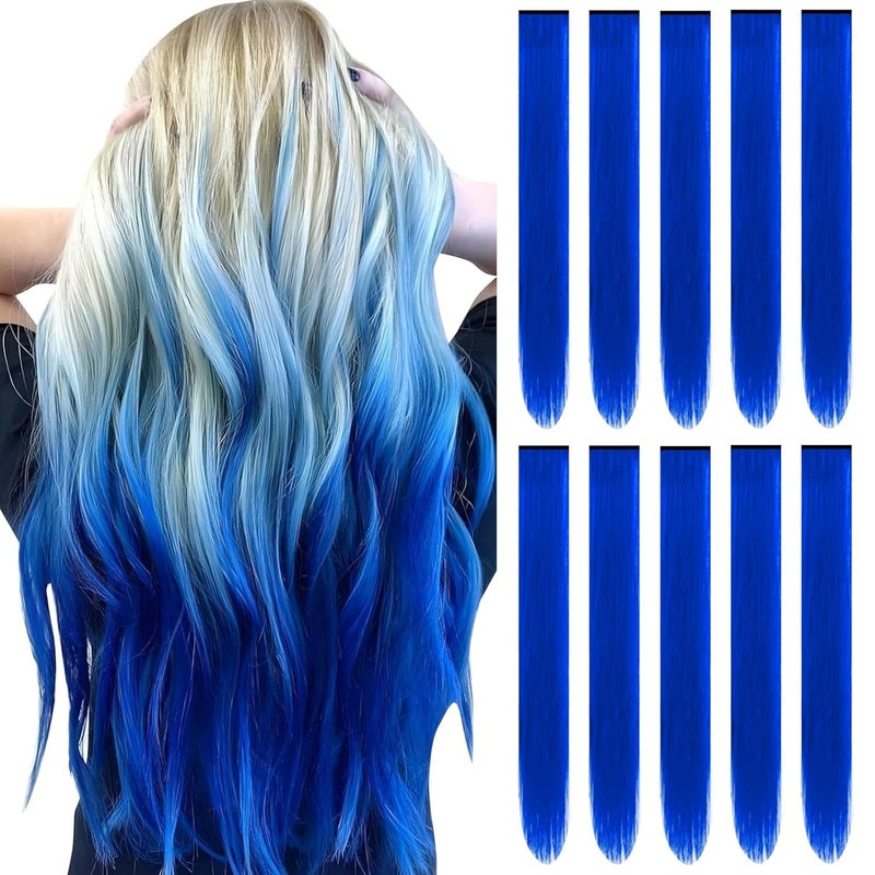 22 inch Colored Hair Extensions Colorful Party Highlights Clip in Synthetic Hair Extensions for Girls Women Kids Favor Gift10 PCS Blue