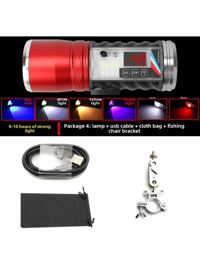 Smart Six Light Source Night Fishing Lamp USB Mobile Phone Rechargeable Battery Removable T6 Blue Light Strong Light Fishing Lamp-Color:Package 4: Light + Line + Cloth Bag + Fishing Chair Bracket  - Image 1