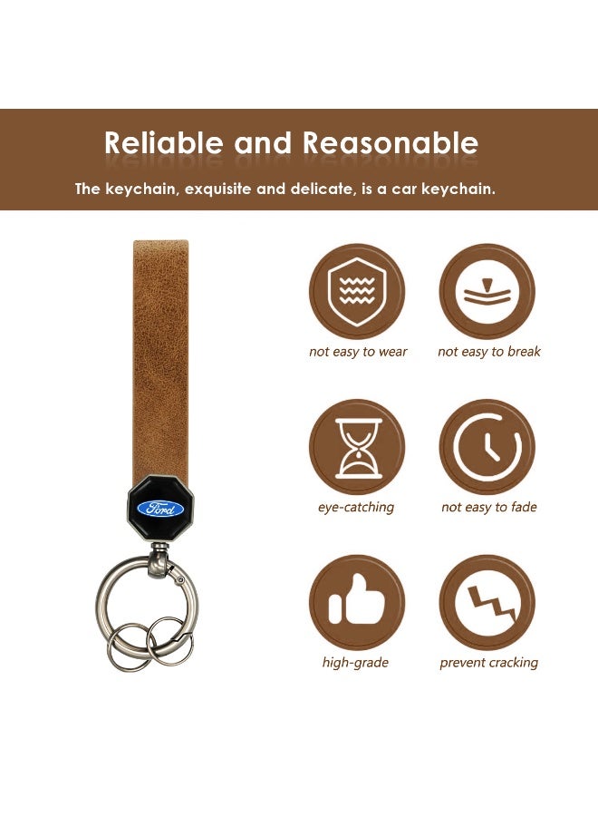FORD Leather Keychain with 360° Rotation, Premium Brown Soft Leather Strap, Metal Key Ring for Car, Bike & Home Keys, Double Screw Fixing, Portable Spring Ring, Stylish Durable Key Holder Gift for Men, 12.5*1.5cm - Image 2