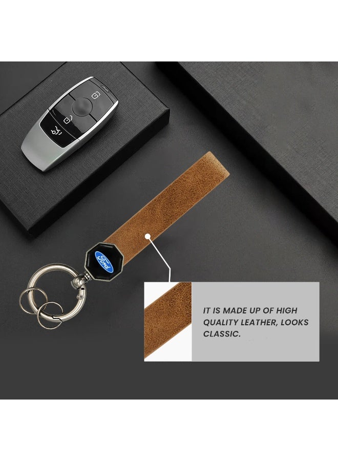 FORD Leather Keychain with 360° Rotation, Premium Brown Soft Leather Strap, Metal Key Ring for Car, Bike & Home Keys, Double Screw Fixing, Portable Spring Ring, Stylish Durable Key Holder Gift for Men, 12.5*1.5cm - Image 4