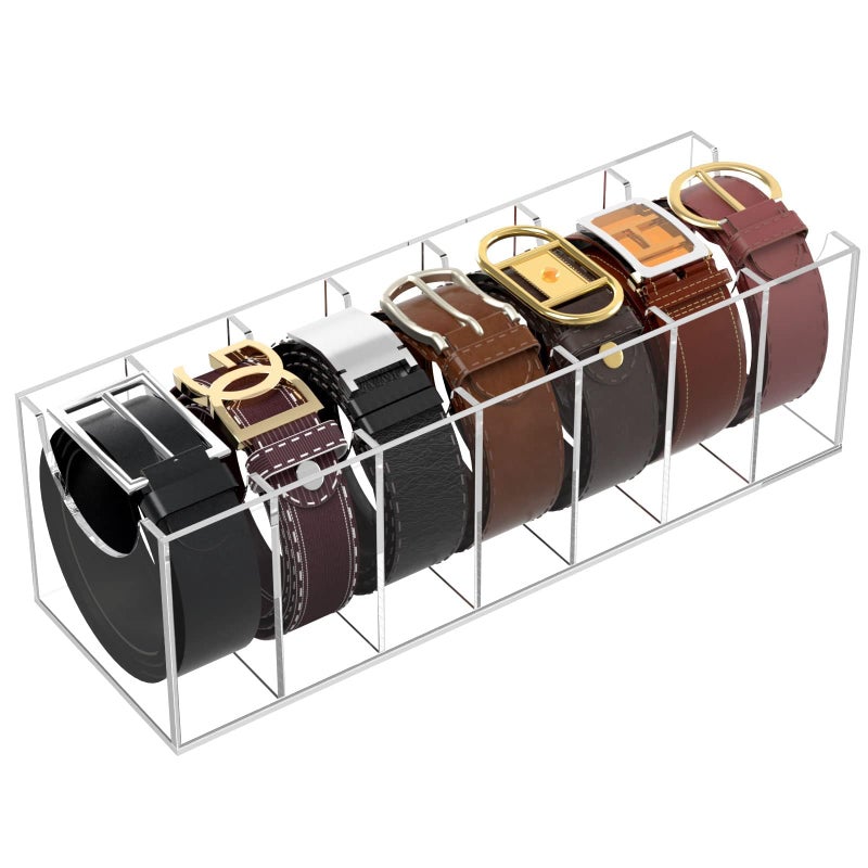 NIUBEE Belt Organizer Acrylic Belt Storage Holder for The Closet 7 Compartments Display Case for Tie and Bow Tie