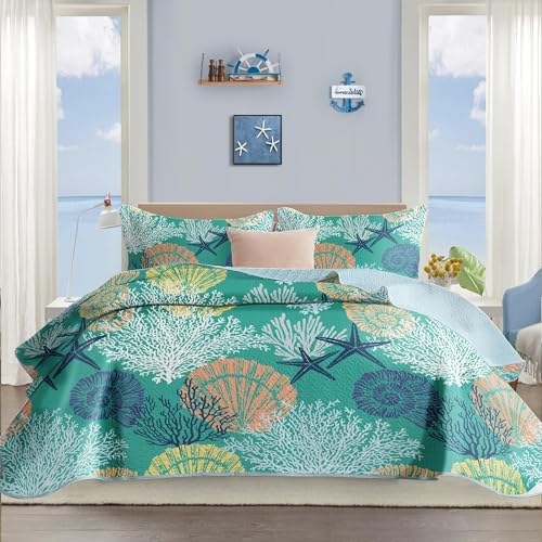 Tritard 3 Piece Coastal Quilt Sets King Size - Reversible Microfiber Quilts with 2 Shams Soft Lightweight Beach Bedding Nautical Bedspread Coverlet Summer Comforter Set for All Season, 106''x96'', C3 - Image 1