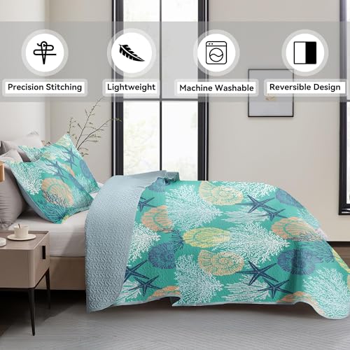 Tritard 3 Piece Coastal Quilt Sets King Size - Reversible Microfiber Quilts with 2 Shams Soft Lightweight Beach Bedding Nautical Bedspread Coverlet Summer Comforter Set for All Season, 106''x96'', C3 - Image 3