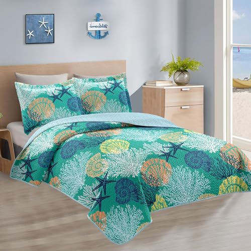 Tritard 3 Piece Coastal Quilt Sets King Size - Reversible Microfiber Quilts with 2 Shams Soft Lightweight Beach Bedding Nautical Bedspread Coverlet Summer Comforter Set for All Season, 106''x96'', C3 - Image 2