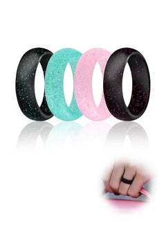 4 Pcs Wedding Rings Setfor Couple, Simple Stackable Soft Silicone Ring Bands, Outdoor Exercise Style Finger Ring Gifts for Teen Girls (Blue+Pink+Black)