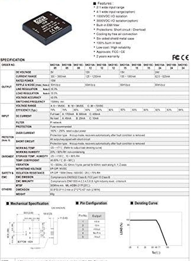 Mean Well SKE15B 05 5V 15W DC DC Regulated Single Output Converter 300 3000mA - Image 3