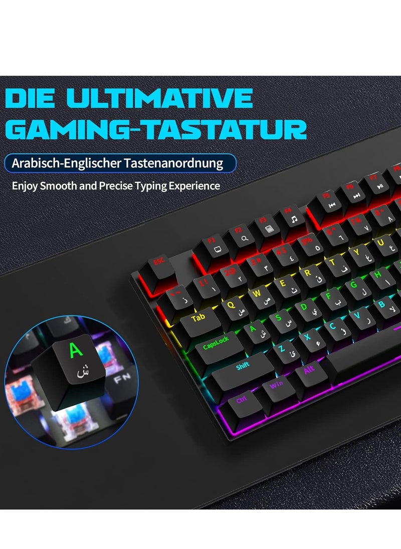 ALASAMCO - English Arabic Mechanical Gaming Keyboard with LED Backlit, 104 Keys Quick Response USB Interface E-sport Waterproof Wired Keyboard for Windows/MacOS/Android PC Gamers - Black - Image 1