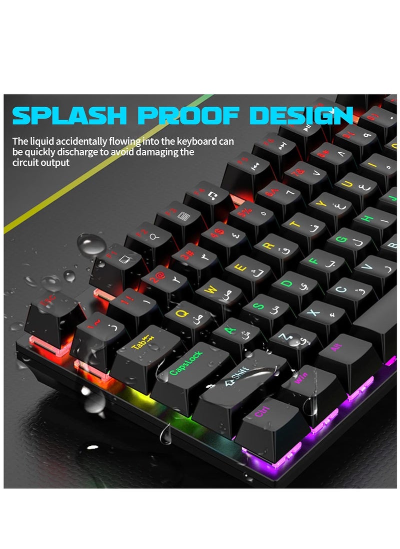 ALASAMCO - English Arabic Mechanical Gaming Keyboard with LED Backlit, 104 Keys Quick Response USB Interface E-sport Waterproof Wired Keyboard for Windows/MacOS/Android PC Gamers - Black - Image 1